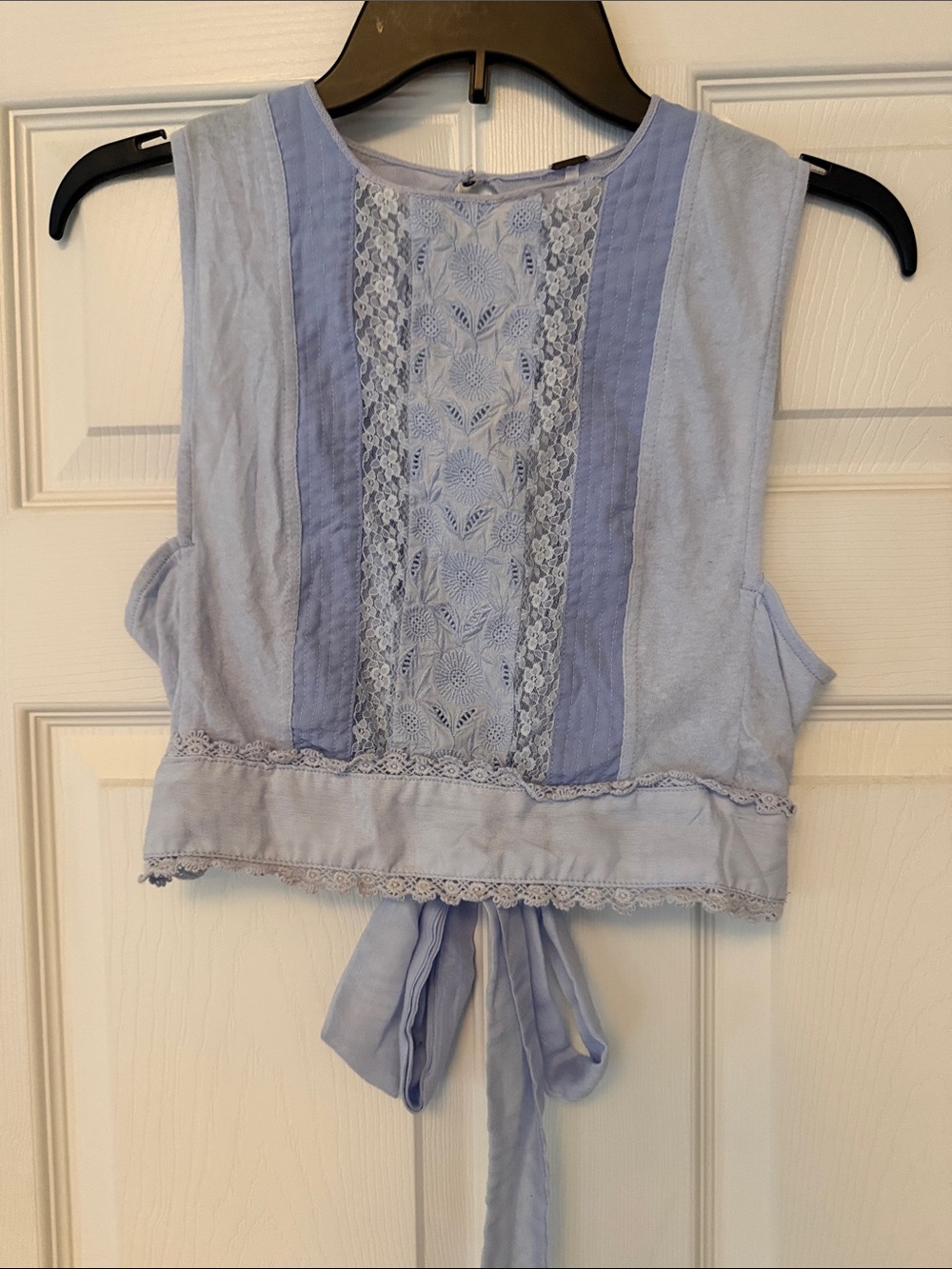 Free People Pale Blue Lace-Front Tie-Back Crop Top
